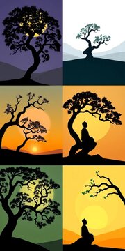 Simple vector art bundle set featuring a bodhi tree silhouette in various styles and arrangements, simple, bundle