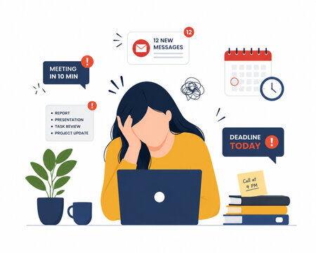 Remote Work Burnout Concept with Overwhelmed Person, Laptop, Notifications and Deadlines Flat Vector Illustration