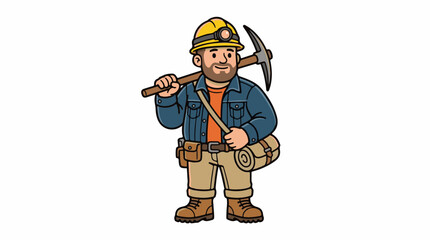 Fototapeta premium A cartoon illustration of a smiling man in a yellow hard hat holding a pickaxe