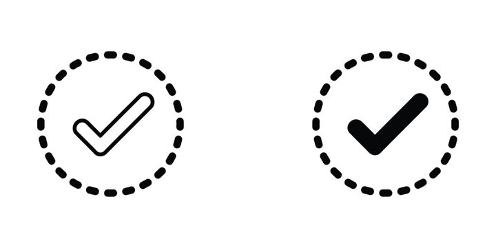 Set of minimalist check mark icons in dashed circles for user interface design and task completion status