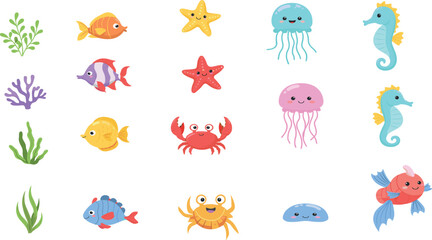 Cute cartoon sea creatures collection featuring happy smiling starfish jellyfish seahorse crab and tropical fish with aquatic seaweed plants vector illustration elements set © Lili Begum
