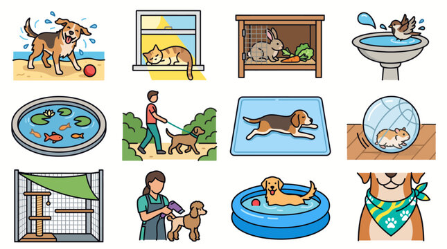 Collection of various cute pet activities and care illustrations.