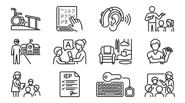 Inclusive education and special needs support line icons set.