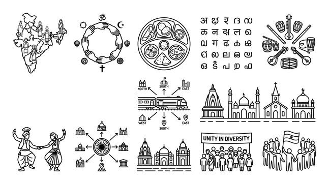 Set of hand drawn icons representing Indian culture and unity in diversity.