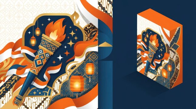 Illustrated warrior with sword and lantern in dynamic pose amidst flowing elements