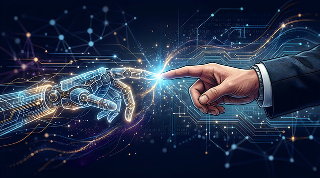 Robotic hand touching human finger with futuristic digital spark connection