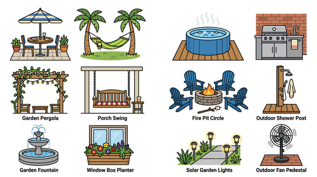 Set of Various Garden and Backyard Outdoor Living Elements.