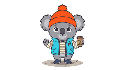 Obraz premium Cute cartoon koala wearing a beanie and vest holding a coffee cup isolated on white background