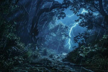 Obraz premium Lightning illuminates a path through a lush rainforest during a heavy nighttime rainstorm, creating a dramatic and powerful scene