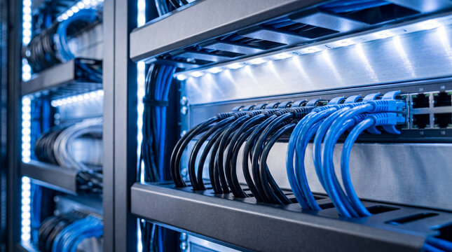 Modern data center server rack with organized network cables