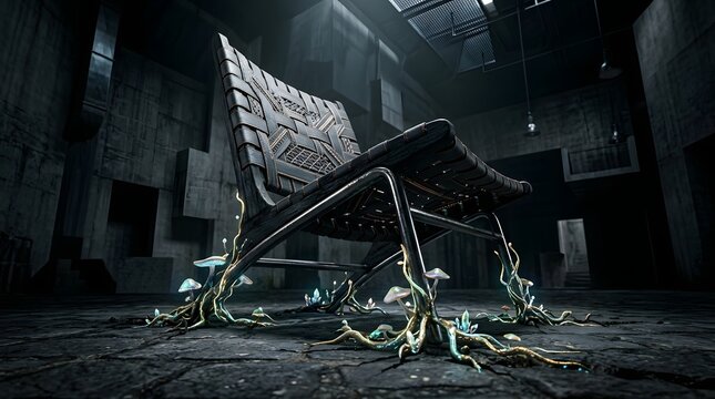 Futuristic lounge chair with bioluminescent fungi in a concrete industrial space