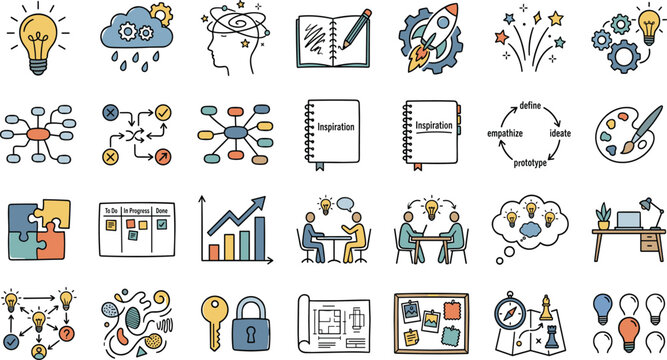 Creative Thinking and Design Thinking Icon Set Featuring Brainstorming Mind Maps Project Workflows Inspiration Notebooks and Innovation Concepts for Business Strategy Marketing Vector Illustration