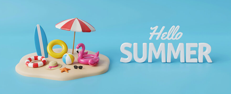 A vibrant 3d render illustration of summer vacation items including surfboard umbrella and flamingo float on sand against blue backdrop with hello summer text.