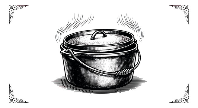 Vintage cast iron dutch oven vector illustration, rustic camping pot with steam, hand drawn woodcut style cooking pot for outdoor kitchen