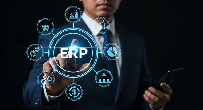 Businessman touching ERP enterprise resource planning system digital interface