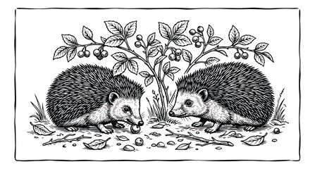 Vintage woodcut hedgehog illustration, pair of hedgehogs foraging under berry bush, rustic black and white forest animal engraving vector © sajida