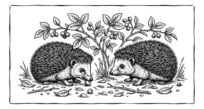 Vintage woodcut hedgehog illustration, pair of hedgehogs foraging under berry bush, rustic black and white forest animal engraving vector