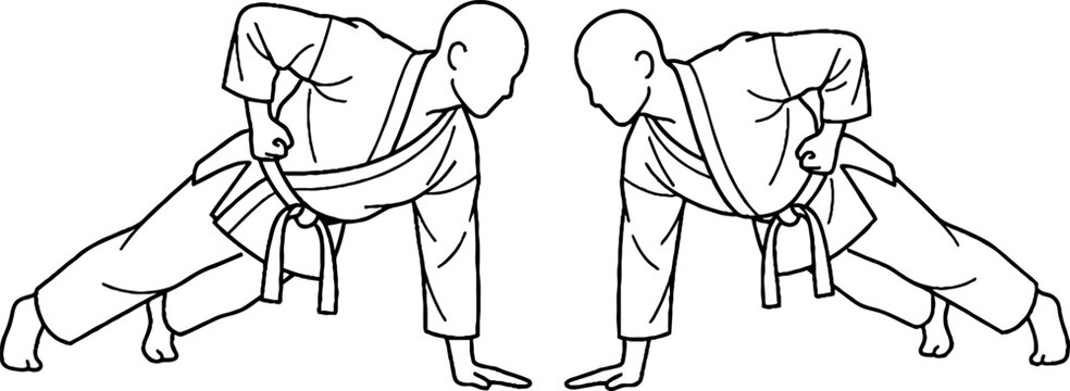 Two martial artists performing push-up exercises in uniform.