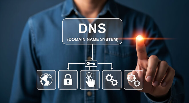 Businessman touching DNS Domain Name System interface concept for web hosting security