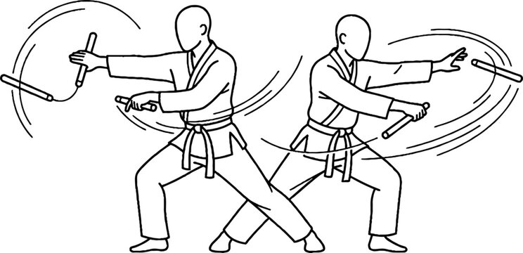 Two martial artists practicing with staffs in action pose.