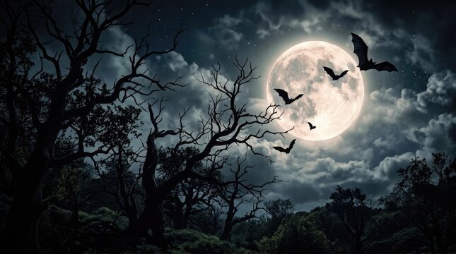 Halloween night spooky bats flying under a full moon on a dark autumn night