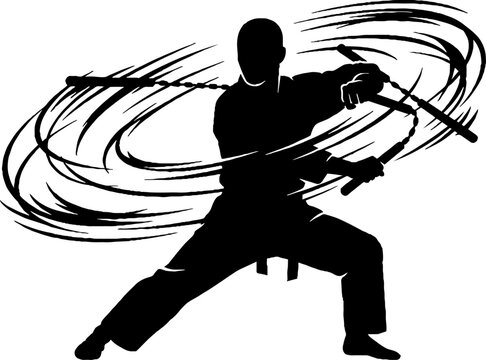 Silhouette of martial artist with nunchaku in action pose.