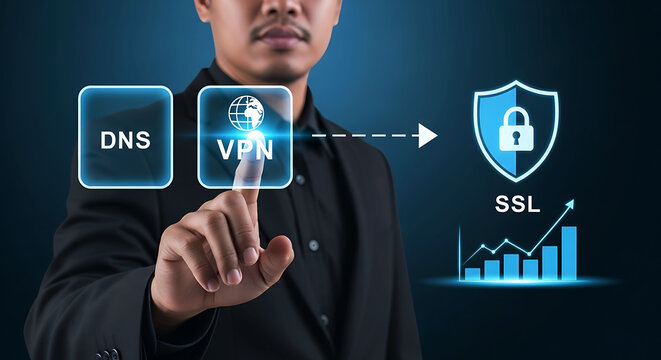 Cybersecurity businessman touching VPN DNS interface with SSL secure lock icon