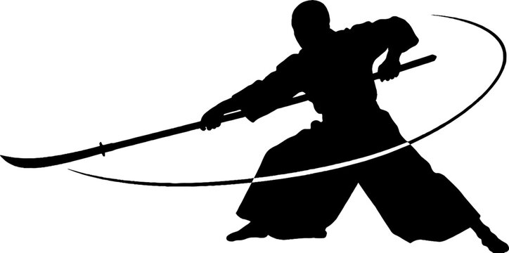 Silhouette of a martial artist with a sword in action pose.