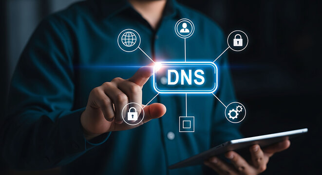 IT specialist touching DNS button on virtual interface for domain name server concept