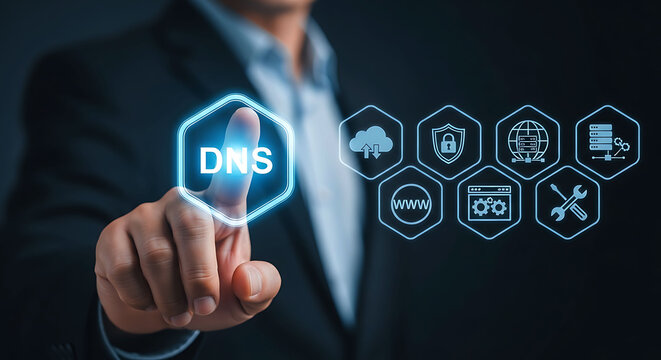 Businessman touching DNS icon domain name system network server concept website security
