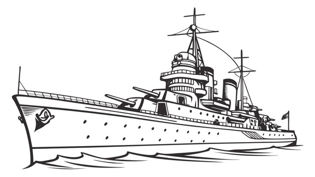 Vector illustration of a classic battleship sailing on water with battleship military nautical transport