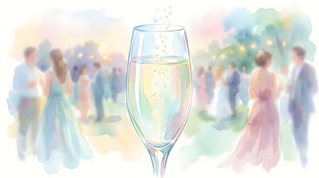 Watercolor illustration of champagne flute with blurred party guests in background