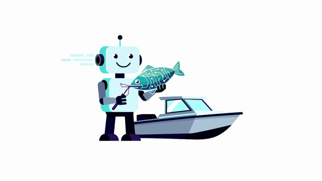 Robot holding a large fish on a boat.
