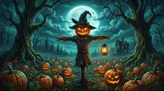 Spooky halloween scarecrow in pumpkin patch with haunted house