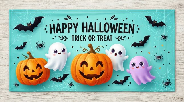 Happy halloween banner with pumpkins ghosts and spiders festive holiday decoration