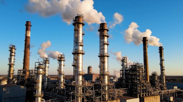 Tall chimneys emit white smoke at an industrial facility against a clear blue sky depicting energy production