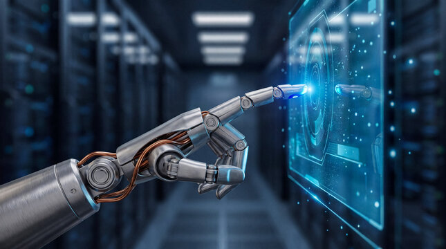 Robot finger touching futuristic digital interface screen