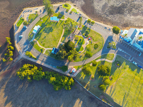 Aerial view of Cleveland Point park and lighthouse in Queensland
