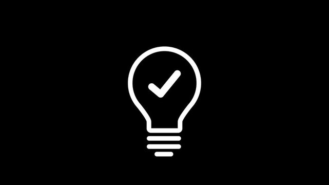 light bulb with check mark animation for success and innovation concepts on transparent background. Animated light bulb with check mark symbol representing validated ideas and innovation.