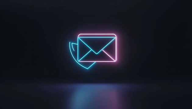 Futuristic neon envelope icon with clear outgoing message and connectivity.