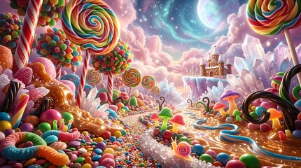 Naklejka premium Whimsical candy land fantasy a vibrant lollipop forest and gummy bear path
