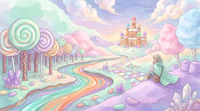 Whimsical candy land illustration with castle and tarot reader