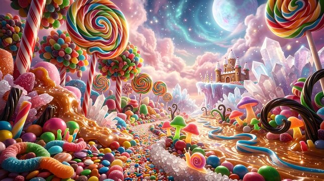 Whimsical candy land fantasy a vibrant lollipop forest and gummy bear path