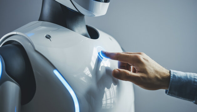 Human hand pressing power button on humanoid robot chest