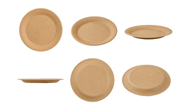 Collection of round kraft paper plates with fluted edges shown from multiple viewing angles, isolated on a white background. Eco-friendly disposable tableware for food packaging, catering, takeaway 