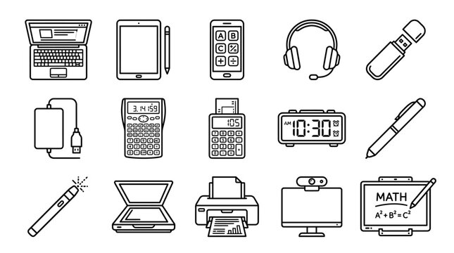 Set of Hand Drawn Electronics and School Gadgets Icons.