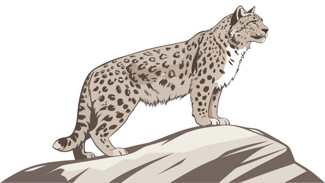 Vector illustration of a snow leopard standing on a rocky mountain peak with wildlife predator mountain