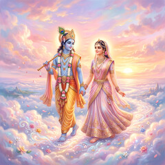 Fototapeta premium Heavenly Radha Krishna Walking on Cloud Pathway at Sunset