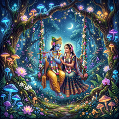 Fototapeta premium Cute Chibi Radha Krishna on Swing in Bioluminescent Night Forest