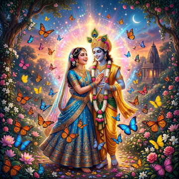 Divine Radha Krishna in Butterfly Garden with Temple Background